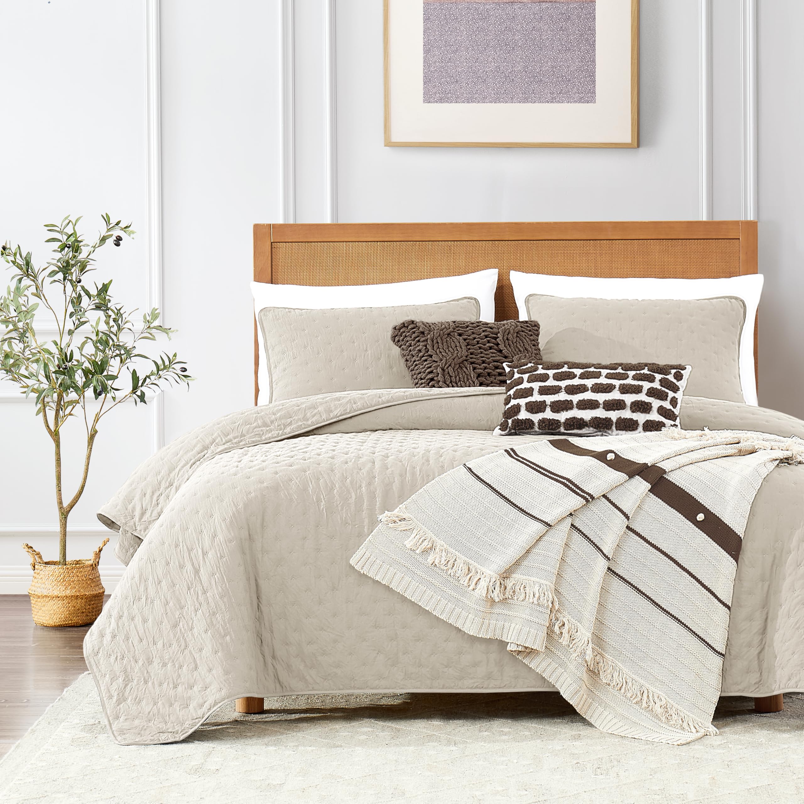 ROARINGWILD Ivory Queen Size Quilt Bedding Sets with 2 Pillow Shams, Full Cream Lightweight Soft Bedspread Coverlet, Thin Comforter Bed Cover for All Season, 3 Pieces, 90x90 inches